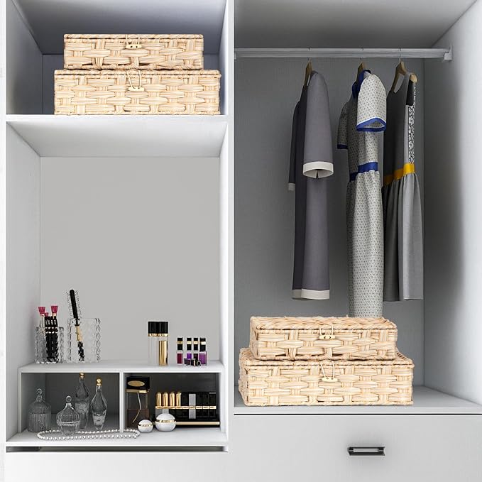 Plastic Wicker Storage Baskets with Lids, 2-Pack Woven Rattan Organizer Bins with Locking Button, Decorative Flat Storage Boxes, 11"x9.25"x2.75" & 13"x11.2"x3.5", Beige