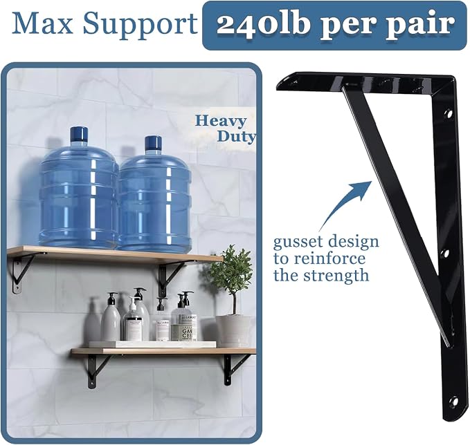 Shelf Brackets 6 Pack 16 inch Heavy Duty Metal L Brackets for Shelf 16"x10" Black Iron Wall Mount Screw Included