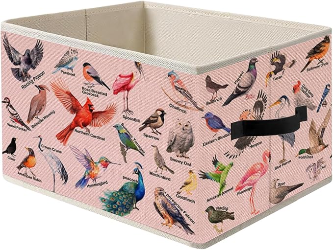 Pink Bird Storage Bin Box with Handles, Bird Lover Watcher Foldable Organizer Basket Toybox for Girls Bedroom Home Bathroom Clothes Toys Books