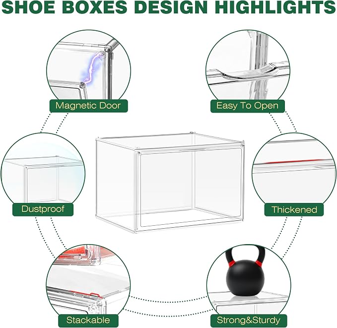 4 Pack X-Large Shoe Boxes Size 14, Clear Acrylic Handbag Storage Box Sneaker Display Case Shoes Containers with Magnetic Door Acrylic Display Case Organizer for Closet