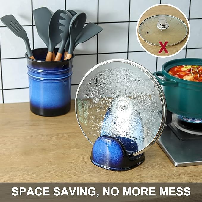 Nihow Ceramic Pot Lid Holder While Cooking for Kitchen Counter/Stove Top | Blue,Stable, Dishwasher Safe, Keep Counter Top Tidy and Clean,Water Proof,Saving Space,Heat Resistant