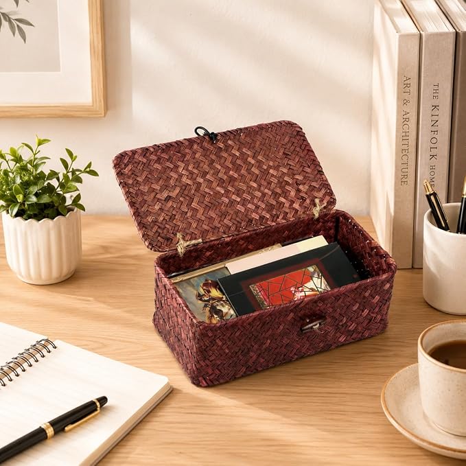 Wicker Basket with Lid, Natural Seagrass Storage Baskets for Organizing, Woven Basket for Storage, Decorative Boxes Bins with Lids Home Organizer Decor (Red, 9.05" x 5.11" x 3.34")