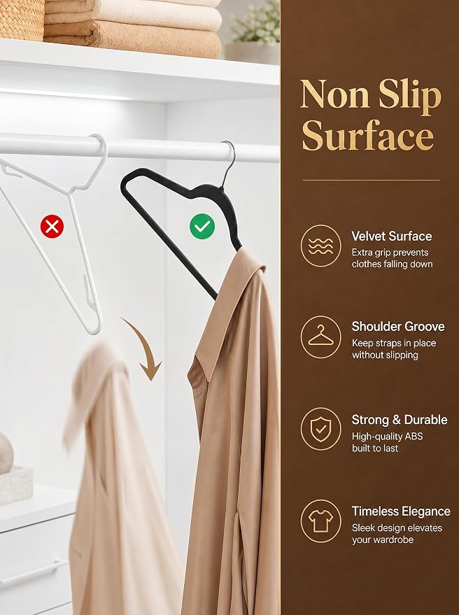 HOUSE DAY Black Velvet Hangers 50 Pack - Non Slip Felt Hangers Closet Essentials, Premium Space Saving Hanger, Gentle on Clothes, Sturdy Shoulder Design