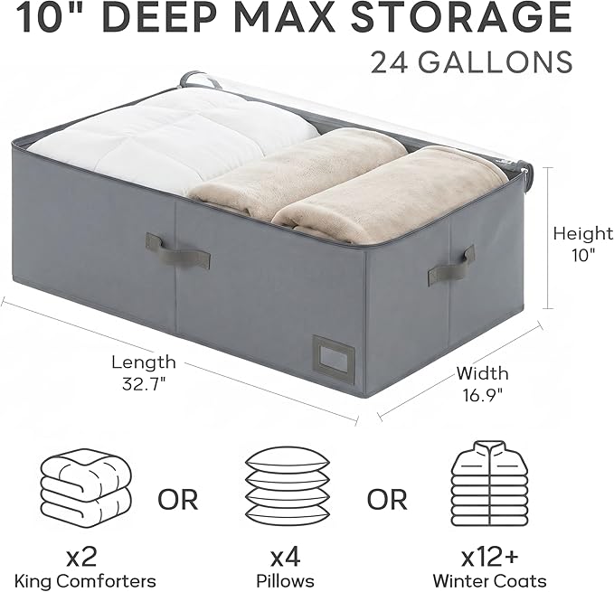 10" High Capacity Under Bed Storage Bins (3-Pack, Grey), Deep 600D Heavy Duty Oxford Fabric Storage Box for King Size Comforters, Pillows & Large Blankets