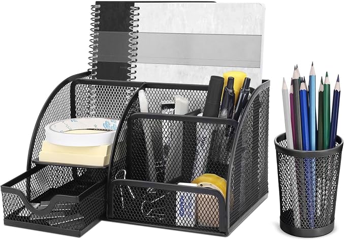 Flexzion Desk Caddy Organizer Set (Black) - Metal Mesh Desktop Caddy with Drawers, 6 Compartments, and Pencil Holder for Women & Men - Desktop Organizer and Storage for Work or Office Supplies | Compact desktop caddy with separate pen holder; 8.7 x 5.5...