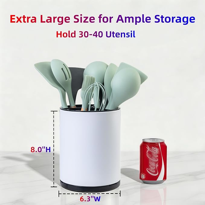 LIBODOUR Kitchen Utensil Holder Extra Large 360°Rotating For Counter Organizer Stainless Steel Storage Cooking Silverware Caddy 3 Compartment Flatware Spoon Spatula Tool Cutlery Container（White）