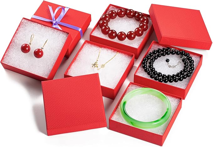Magicool 20 Pack 3.5x3.5x1 Inch Red Cardboard Jewelry Boxes, Gift Boxes with Lids and Cotton, Perfect for DIY, Wedding, Engagement, Mother's Day, Birthday