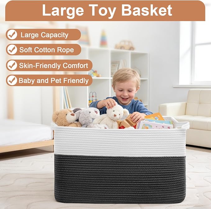 105L XXXL Large Blanket Basket, Rectangular Cotton Rope Basket, Laundry Hamper for Blankets, Pillows, Extra Large Toys Storage Bins for Kids, Dogs 25" x 16" x 16", White & Black