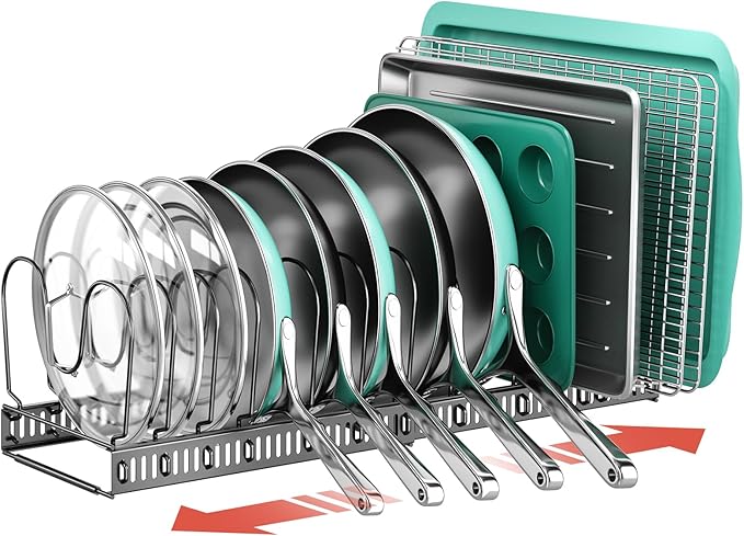 ORDORA Pots and Pans Organizer Under Cabinet, Expandable 11.8"-22.8" Pot Lid Holder with 14 Adjustable Dividers, Pan Organizers inside Cabinet for Kitchen Cookware Bakeware, Black