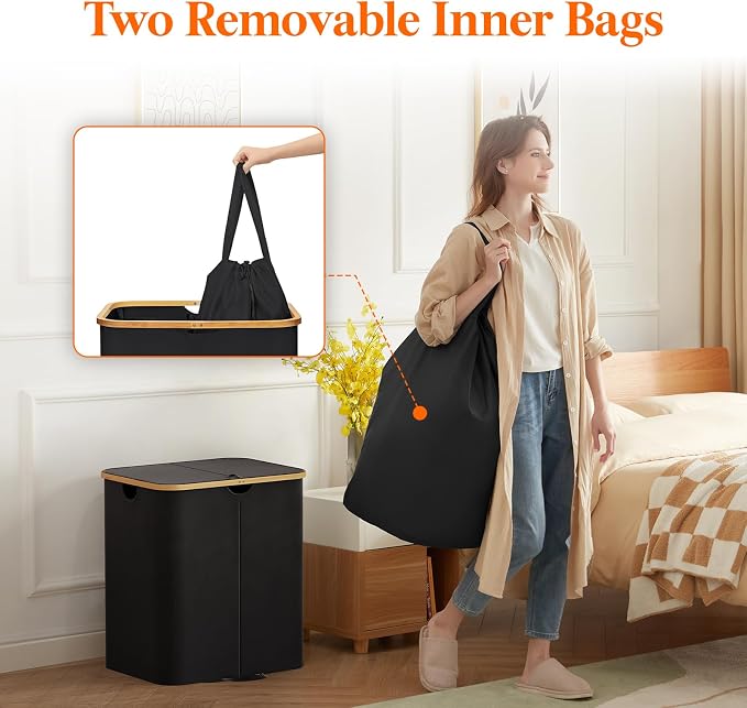 Lifewit 120L Double Laundry Hamper with Lid, Large Laundry Basket with Removable Bag & Bamboo Handles, Fodable Tall Dirty Clothes Hamper for Laundry Collapsible Bin for Bathroom Bedroom Dorm, Black
