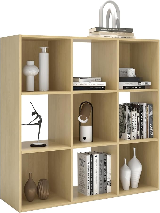 9 Cube Shelf Bookcase, Oak 11in | Anti-Tipping Kits, Reversible Open Back, Multi Layer Multi Grid Partition Layout