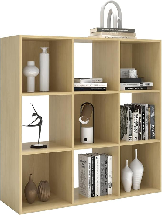 9 Cube Shelf Bookcase, Oak 11in | Anti-Tipping Kits, Reversible Open Back, Multi Layer Multi Grid Partition Layout