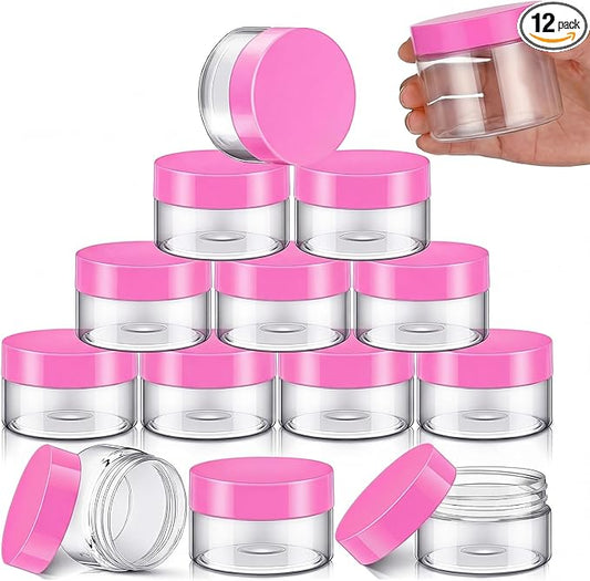 SATINIOR 12 Pack 6 oz Plastic Container Jars with Lids Round Clear Travel Cosmetic Container Slime Jars for Toiletries, Lotion, Cream, Ointments, Makeup, Rhinestone, Samples, Kitchen Storage(Pink)