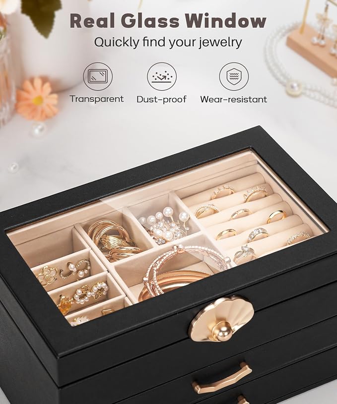 Enthralite Jewelry Box with 2 Drawers : Jewelry Display Organizer for Earrings Necklaces - Gift for Girls Women | Black