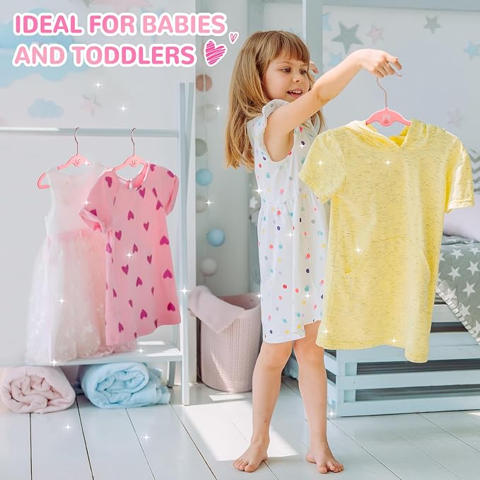 Baby Velvet Stackable Hangers 30 Pack, 11 Inches Pink Kids Clothes Hangers for Closet, Non Slip Toddler Infant Hanger for Nursery, Thin Space Saving Children Felt Hanger with 360° Swivel Hooks