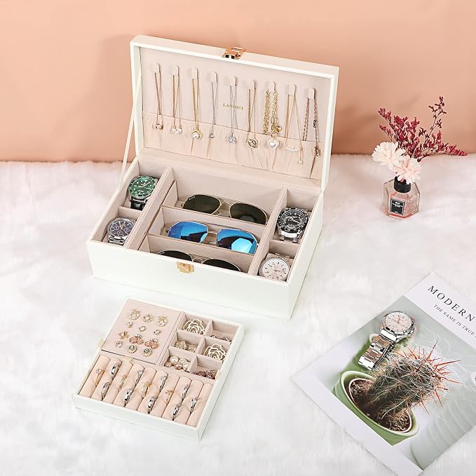LANDICI Jewelry Box Organizer for Men Women, 2 Layer 4 Slot Watch Storage Case with Removable Tray, PU Leather Large Jewellery Holder Display for Watches Sunglasses Rings Earrings Necklace, White