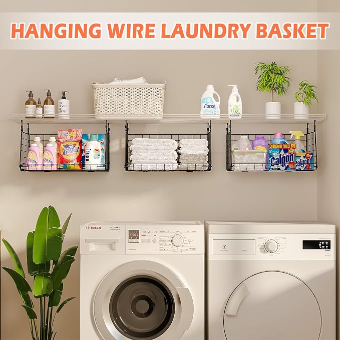 3-Pack Hanging Laundry Room Organizaton：Foldable Laundry Basket Wire Basket with 360°Rotating Hooks Small Space Organization Over Washer and Dryer Shelves - Hanging Closet Organizer, Black Patent