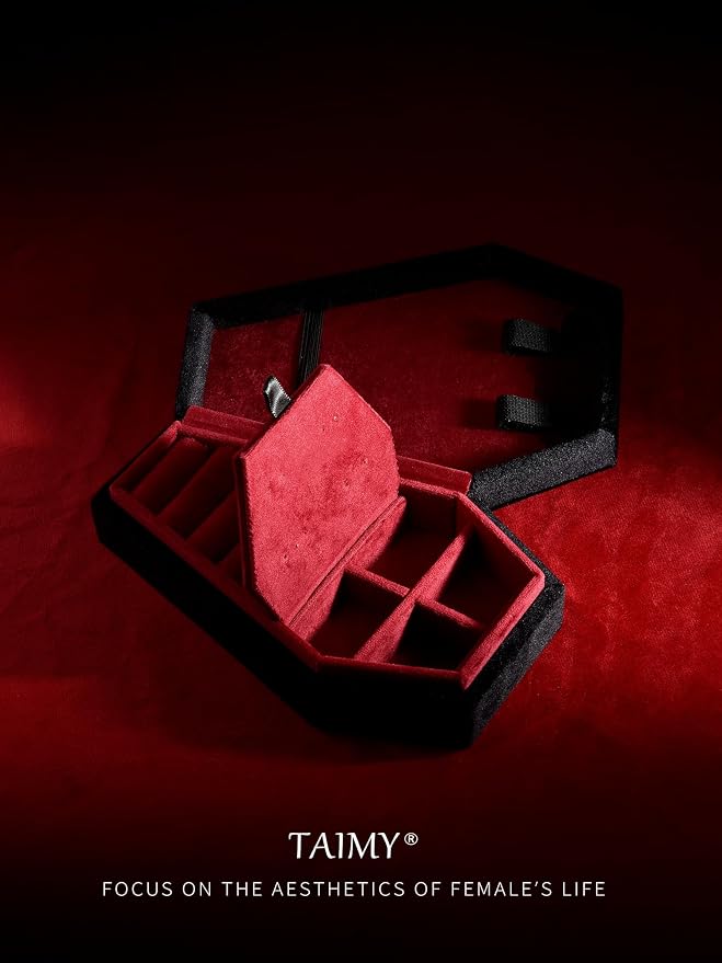 TAIMY Coffin Jewelry Box, Mini Coffin Shaped Gothic Jewelry Case, Plush Velvet Small Jewelry Organizer for Earrings Rings Necklaces Bracelets(Black-Red)