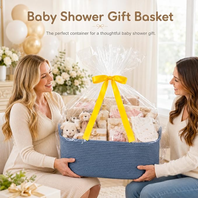 OIASKET Large Empty Cotton Rope Gift Basket with Handles, 16.5"x12.6"x7" Decorative Woven Storage Basket with Gift Bag and Ribbon Set for Baby Shower, Toy Organizer for Kids, Dogs & Cats - Blue