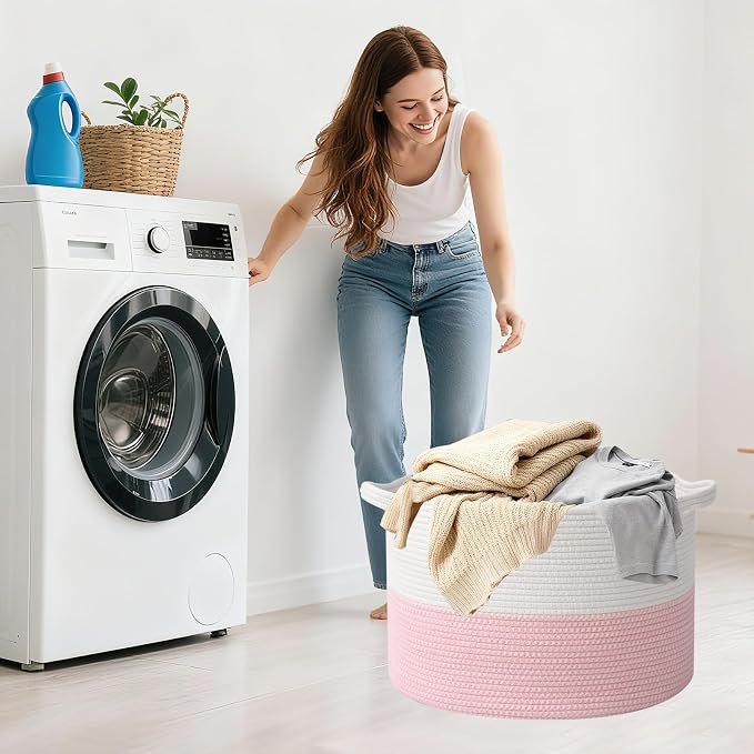 65L Large Pink Woven Cotton Rope Basket with Handles, Kids Nursery Laundry Hamper for Toys, Blankets, Pillows & Comforters, Cute Storage Bin for Bedroom & Playroom