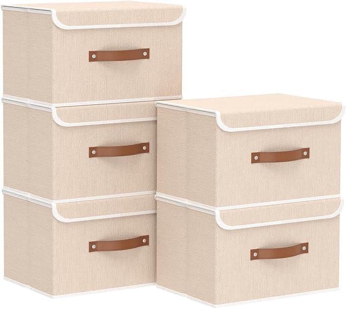 Yawinhe Collapsible Storage Boxes, Stackable Linen Fabric Baskets, Bin with lid and Leather Handle, Washable, for Home, Closet, Beige, 10.2x7.9x6.7 In, 5-Pack, SNK024BEN-5