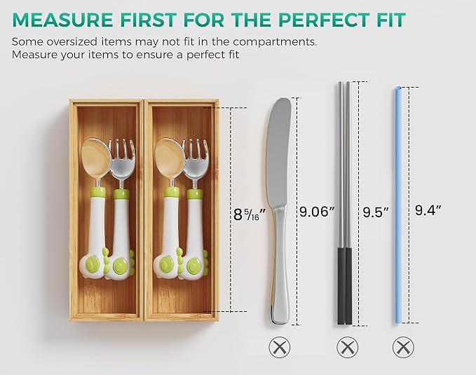 Bamboo Kitchen Drawer Organizer Boxes – 9" x 3" Stackable Wood Silverware Utensil Tray for Drawers Bins, Cutlery & Flatware Storage – Wooden Organizers Set of 2 for Junk Drawer, Bathroom, RV