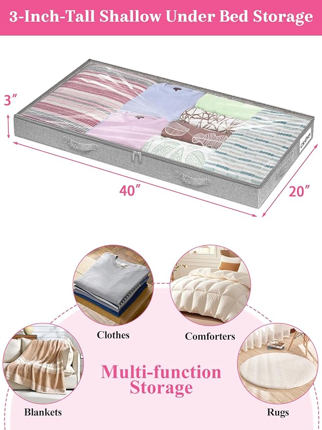 3-Inch High Under Bed Storage Containers, Low Profile Underbed Bins, NO RIGID STRUCTURE, Foldable Clothes Storage Organizer w/Lid & Zipper, Shallow Storage for Low Beds, Couches & Cribs, 2-Pack, Gray
