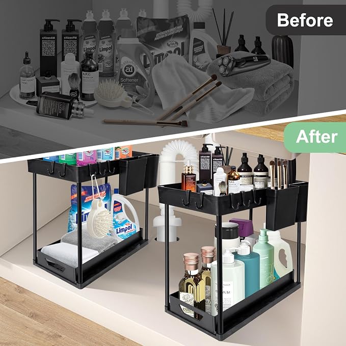 2-Pack Under Sink Organizer – 2-Tier Sliding Storage Rack for Bathroom & Kitchen, Pull-Out Under Cabinet Organizer for Bathroom Organizers and Storage (Black)