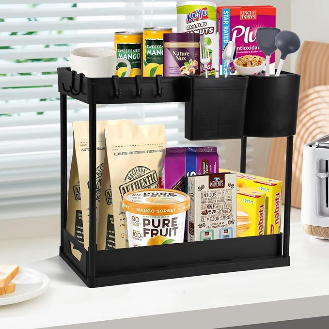 2-Pack Under Sink Organizer – 2-Tier Sliding Storage Rack for Bathroom & Kitchen, Pull-Out Under Cabinet Organizer for Bathroom Organizers and Storage (Black)