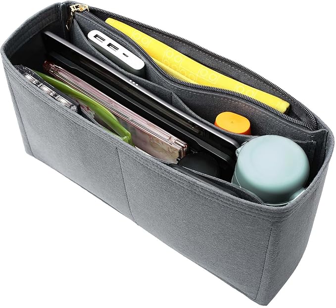 Surblue Purse Organizer Insert for Handbags, Felt Bag Organizer with Zippers Handbag Shaper Pouch for Classic 19 Flap Bag, Marmont, Onthego,（Grey, Slender L）