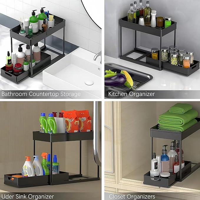 VNIMTI Under Sink Organizers and Storage, 2 Pack Pull Out Cabinet Organizer with Hooks, 2-Tier Under Sink Shelf for Bathroom and Kitchen, Multi-use Sliding Drawer with Large Capacity, Black