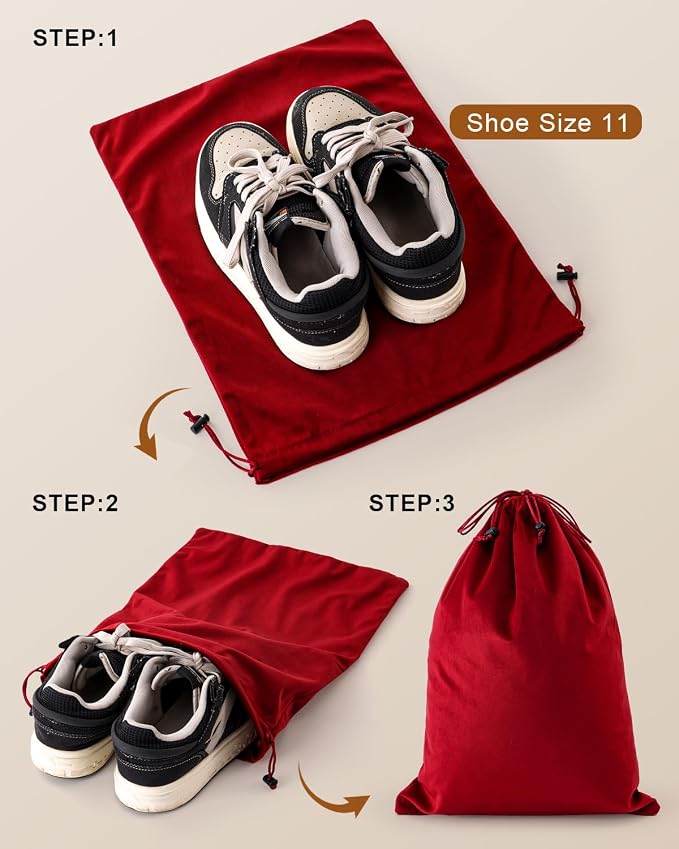 4 Pcs Shoe Bags for Travel, Dust Velvet Bags, Rio Red, 17.3x12.6 Inch | Washable & Reusable Travel Shoe Bags, Dustproof Shoe Bags with Drawstring Closure, Suitable for Travel, Home Storage