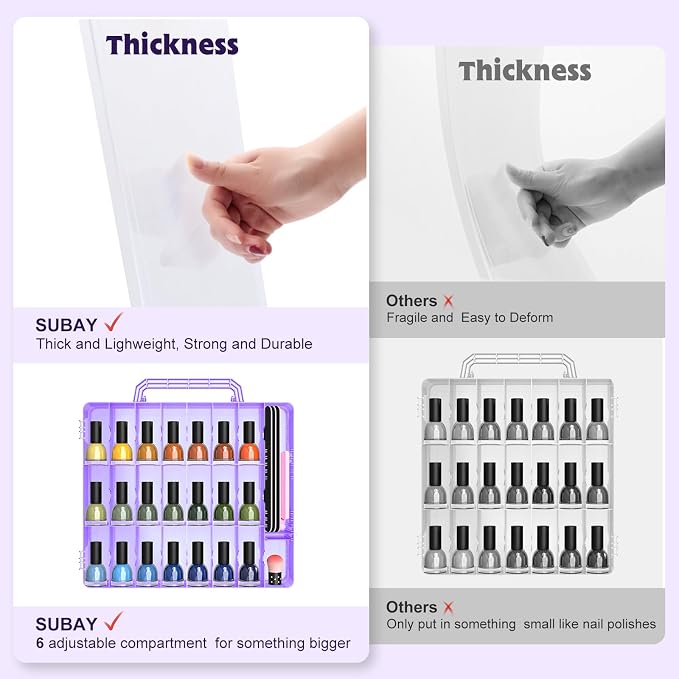 SUBAY 2 Pcs Portable Nail Polish Organizer, Clear Double Side Nail Polish Holder,Gel Nail Storage for 48 Bottles with 6 Adjustable Dividers in Each Side Space Saver Purple