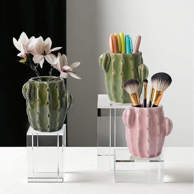 Ceramic Cactus Pen Holder, Cactus Decor Cute Pencil Holder, Makeup Brush Holder for Home, Office Desk Accessories(Light Green Cactus)