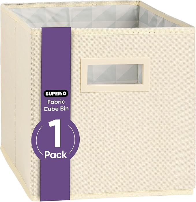 Superio Fabric Storage Basket for Shelves, Cube Bin for Cubby, 10.75 x 10.75 Foldable Open Storage Bin, Decorative Bin Organizer with Handle, Ivory
