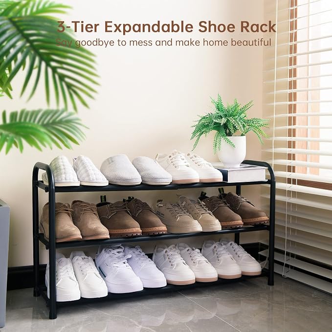 Gonfoam Shoe Rack for Closet, Expandable Shoe Organizer Storage Shelf, Adjustable Metal Free Standing Small Closet Shoe Rack for Entryway, Doorway (3-Tier Black)