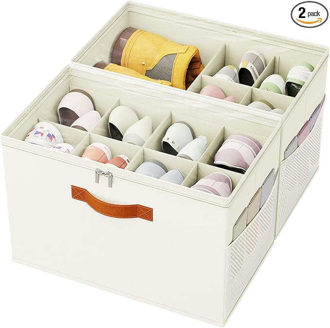 Shoe Organizer for Closet, 2-Pack Foldable Shoe Storage Box with Adjustable Dividers & Clear Cover, Fits 16 Pairs, Beige, Durable and Space-Saving