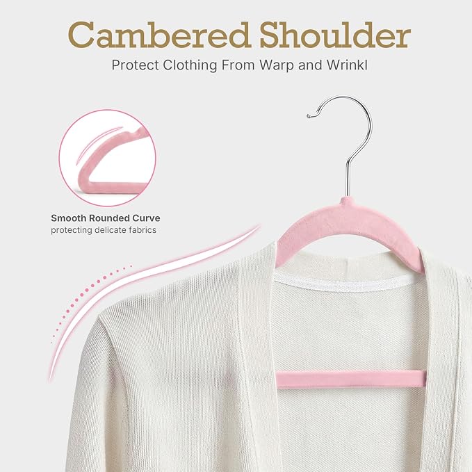 HOUSE DAY Lt Pink Velvet Hangers 60 Pack, Non Slip Clothes Felt Hanger Heavy Duty for Coat, Premium Slim Space Saving Suit Hangers for Closet Organizer, 360° Rotating Silver Hook