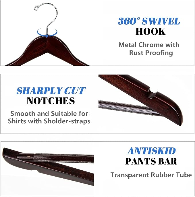 Amber Home 20 Pack Wooden Coat Hangers, Wood Suit Hangers, Walnut | Walnut Wood Suit Hangers with Non-slip Pant Bar, Clothes Hangers for Closet Organization, Shirts, Jackets, Dresses, and Pants