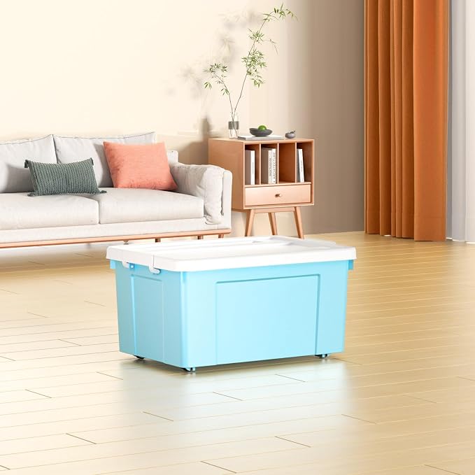 Cetomo Lidded Storage Bin with Handle, Tote Organizing Container with Wheels, Lid and Secure Latching Buckles, Stackable and Nestable, Plastic, 72 Quart-3 Pack, Blue