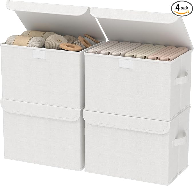 Storage Bin with Lid, Closet Boxes, 4 Pack, White, 10.2x7.9x6.7 In | Fabric Clothing Basket with Cover, Collapsible Stackable Organizer Cubes with 2 Handles, for Closets and Bathroom Vanities