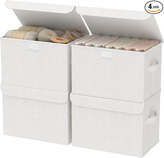 Foldable Storage Bins, Closet Boxes, 4 Pack, White, 13x9x7.9 In | Cube Organizer Basket with Flip-Top Lid and 2 Handles, Decorative Boxes for Shelves with Cover for Clothes, Towels, Blanket