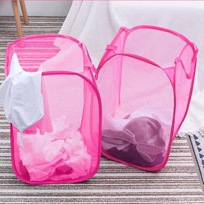 Larpur 2Pack Foldable Popup Laundry Basket, Collapsible Portable Mesh Clothes Washing Laundry Hamper with Reinforced Carry Handles (Pink)