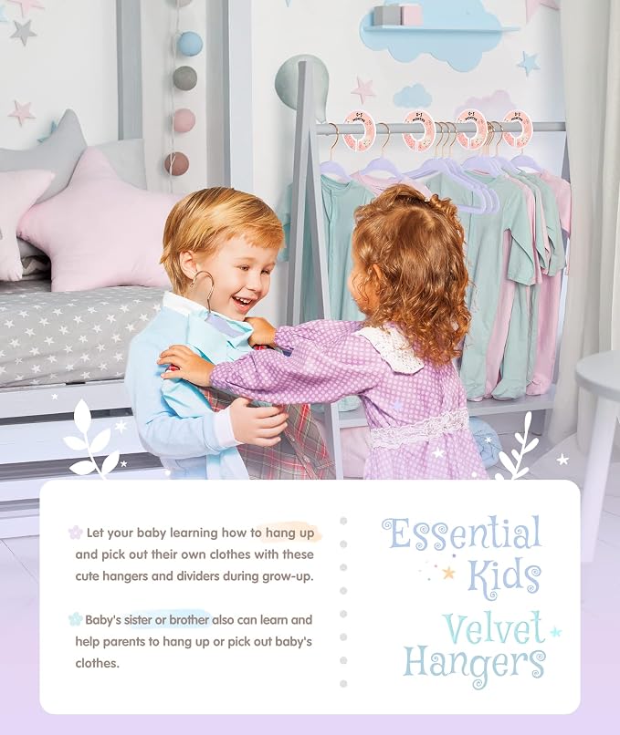 VIS'V Velvet Baby Hangers with 6 Pcs Size Dividers, 11 Inch, Purple, 50 Pcs | Compact Size, Non Slip, Infant Toddler Nursery Closet Organization