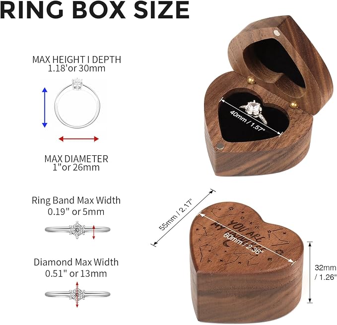 Engagement Proposal Ring Box Secret Slim Engraved Wooden Heart Case | Engrave"You are my universe", Walnut Wood Ring Bearer Box Jewelry Storage Holder Display for Wedding Ceremony Commemoration