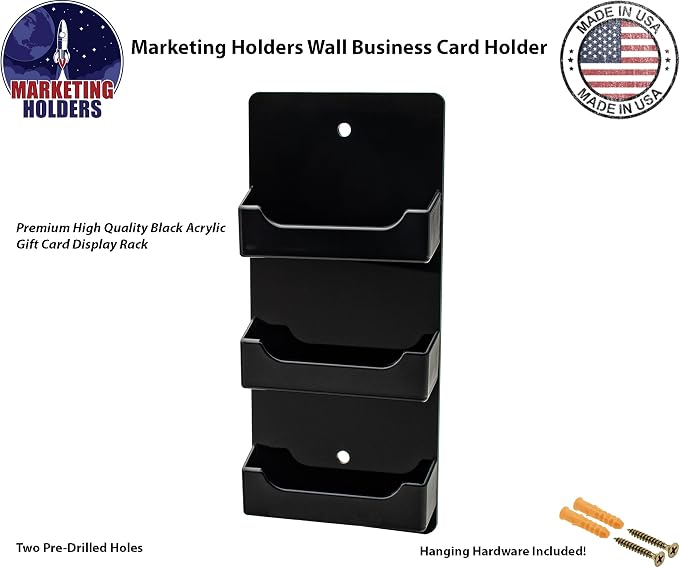 Marketing Holders Wall Mount Business Card Holder with Hanging Hardware Holds 50 Business or 30 Gift Cards of 3.5" x 2" Printed Material Black Acrylic Organizer
