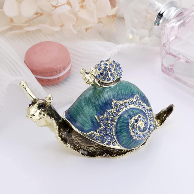Hand Painted Animal Trinket Box for Home Decor, Hinged Jewelry Organizer Storage, Unique Personalized Collectible Keepsake Figurine Handmade Decorative Ornament Gifts (Snail)