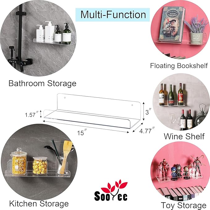 Sooyee 6 Pack Acrylic Floating Wall Shelves, 15 Inch | Funko Pop Display Shelf, Invisible Kids Book Shelf, Picture Ledge Shelf Decor, Clear Plastic