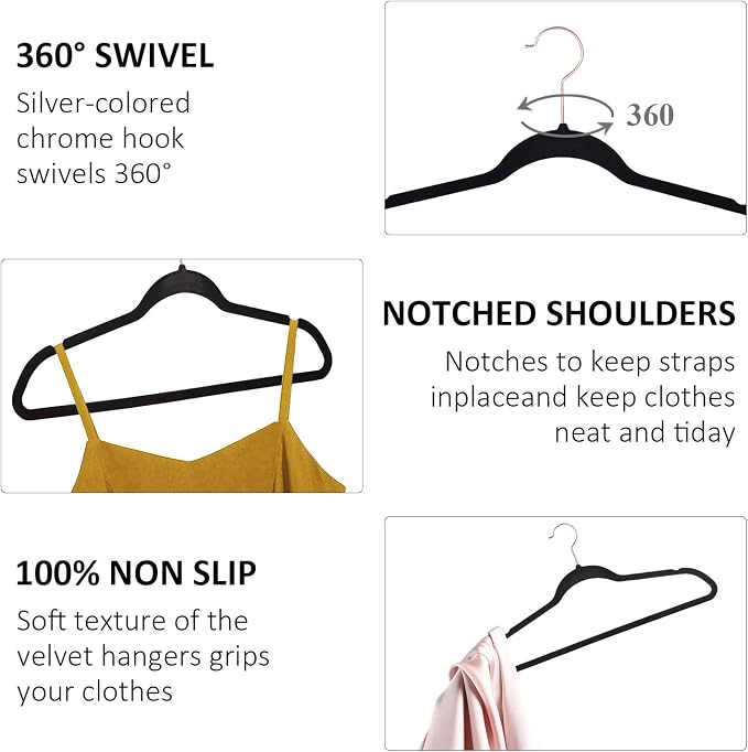 VECELO Premium Velvet Clothes Hangers Suit Heavy Duty (60 Pack)-Non Slip & Space-Saving with 8 Finger Clips & Tie Rack Excellent for Men and Women,Black