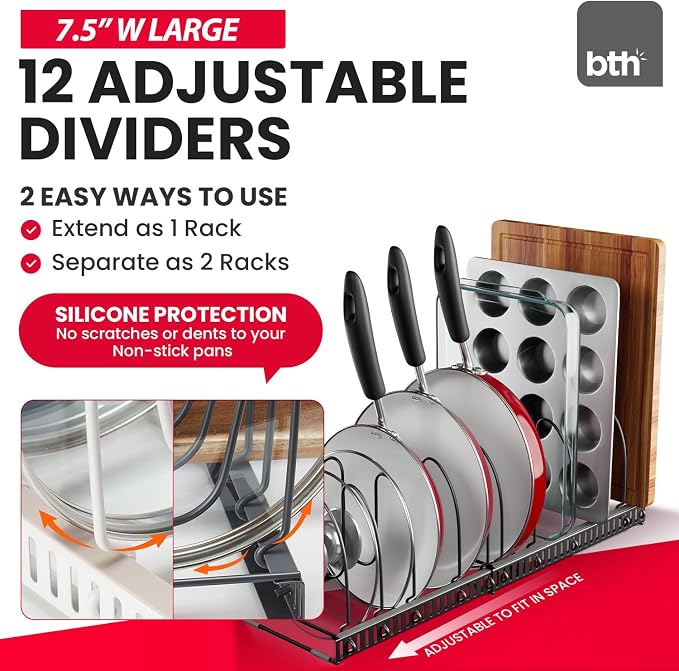 Better Things Home 7.5” Wide 12-Slot Adjustable Large Pan and Pot Lid Organizer with Scratch-Free Pads, Expandable Pot Lid Holder Rack for Cabinet, Pots and Pans Organizer Inside Cabinet